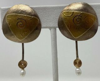 Vintage Sydney Lynch Sterling Gold Wash Hand Made Dangle Pearl Clip Earrings 3