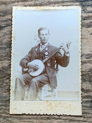 Odd 1890 S Cabinet Card Photo Banjo Player Small Pox Sores On Hand Young Man