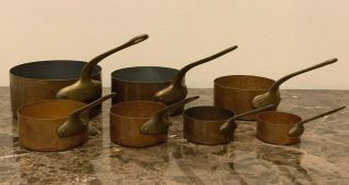 Vintage Set Of 7 French Copper Saucepans Pots With Brass Handles