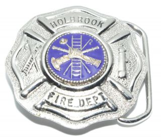 Vintage Holbrook Fire Dept Ny Silver Tone Enamel Firefighter Baron Belt Buckle