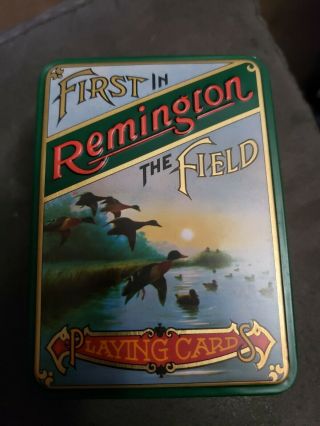 Remington First In The Field Hoyle Playing Cards 2 Decks Embossed Metal Tin