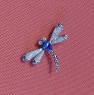 Rhinestone Dragonfly Brooch Pin Silver Tone Blue Gems Vintage