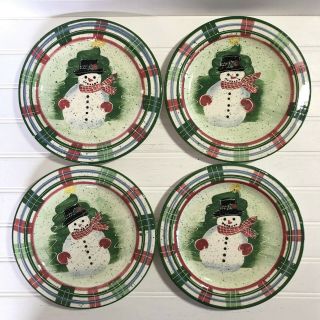Set Of 4 Julie Ueland Enesco Christmas Snowman Dessert Plates 1998 Green Plaid