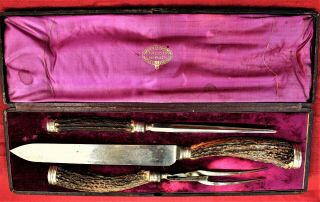 Victorian Boxed Antler Handled Carving Set (harrison Bros.  (cutlers To The Queen)