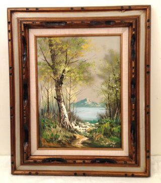 Vintage Landscape Oil Painting Signed Framed O/c Lake Mountain