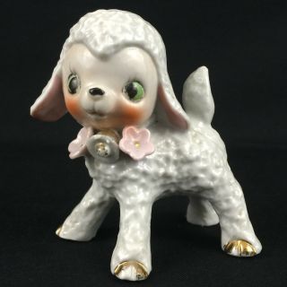 Vintage Figurine Ceramic Baby Lamb Bell Pink Flowers Shadowbox Shelf Japan Mcm