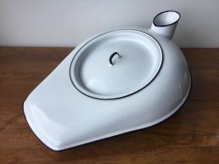 Vintage Cesco Hospital Ware Bedpan Porcelain Enamelware White Black Trim W/lid