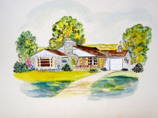 Watercolor Painting House Bungalo Architects Rendering Eames Era Home Art Deco 1