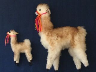 Vintage Llama Alpaca Figurine Stuffed Toy Peru With Faux Wool Fur Tan White