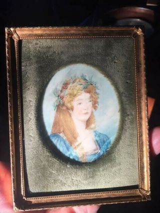 Early To Mid 19th Century Antique Hand Painted Portrait Miniature Framed Velvet
