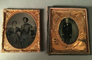 Two 1/6 Plate Civil War Tintypes,  Uniformed Sergeant,  Mat W/ Eagle,  Flags