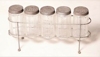 5 Vintage Hoosier Sellers Cabinet Spice Jars W/original Rack