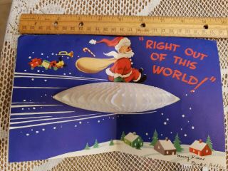 Santa Claus On Honeycomb Flying Saucer Vtg 1950s Christmas Card Space Aliens