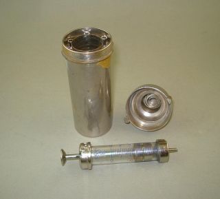 Old German Glass & Metal Syringe 5 Ml With Brass Container Sterilizer