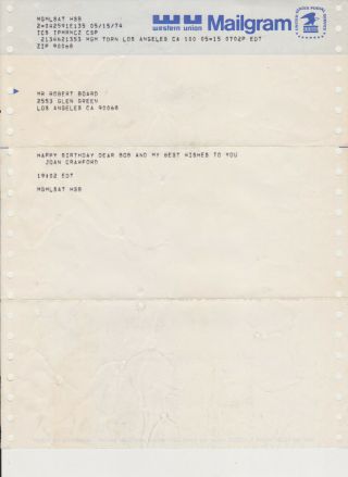 Joan Crawford Western Union Telegram Mailgram 1974 Happy Birthday To Gay Friend