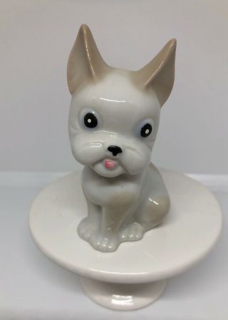 Vtg Porcelain French Bulldog Sitting Figurine Japan White Tan Tongue Out Brinn’s