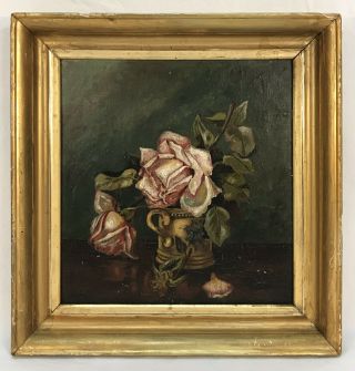 Antique Roses Oil Painting On Board Gold Frame