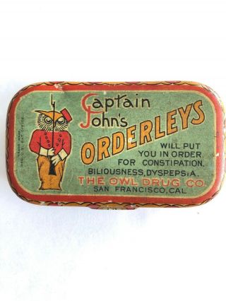 Vintage Owl Drug Co.  Captian John Orderleys Tin Vintage Pill Box Laxatives