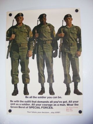 Vtg 1968 Vietnam Era Army Recruitment Poster Green Beret Special Forces No Holes