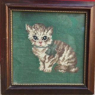Vintage Needlepoint Cat Kitten Framed Picture Hand Crafted 9 " X9 " Sweet Wall Art