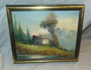 Vtg Cabin By Snow Capped Mountain Lake Naive Oil On Canvas Landscape Painting