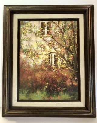 Midcentury Vintage Signed Garden Painting Oil On Canvas Framed Art
