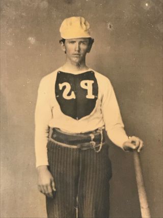 C1860s Early Baseball Tintype Ball Player In Uniform Holding Giant Wood Bat