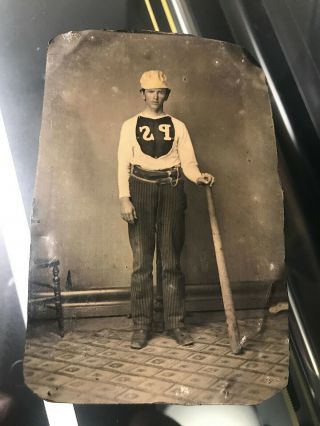 c1860s Early BASEBALL Tintype BALL PLAYER in Uniform Holding GIANT Wood BAT 2