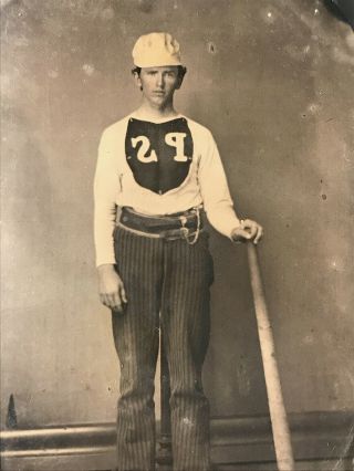 c1860s Early BASEBALL Tintype BALL PLAYER in Uniform Holding GIANT Wood BAT 3