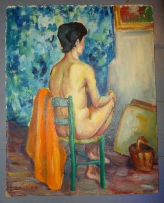 Vintage Nude Oil Painting On Board C.  1950 A Nude Woman On Chair