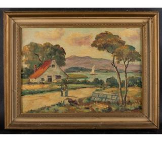 Early 20th Century American Impressionist Oil Painting " Country House Landscape "