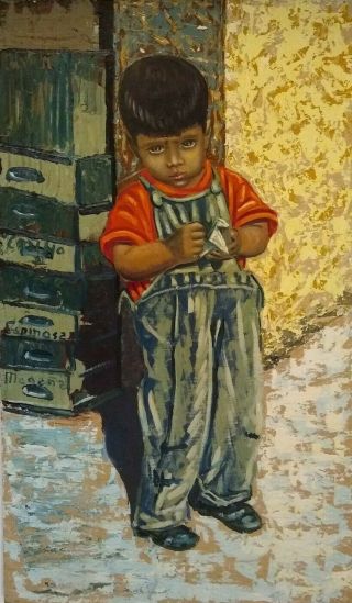Fine Art Artist Signed Vintage Mexican Oil Painting Little Boy In Blue