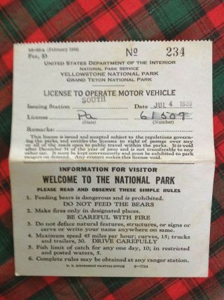 1939 Yellowstone Park Grand Teton License To Operate Motor Vehicle July 4th