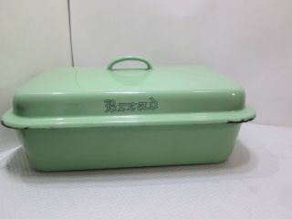 Vintage Green Porcelain Enamelware Bread Box Container With Lid