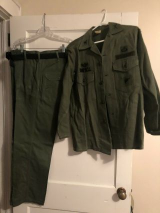 Vintage Us Army Green Fatigues Size Small With Long Shirt,  Pants,  And Belt