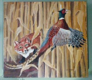Colorful Fox And Pheasant Oil Painting By Artist J.  E.  Elmore 1976 Now Deceased