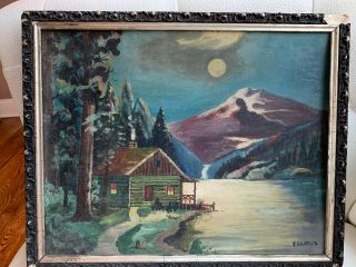 Early 20th Century Oil On Board Landscape Painting Cabin Lake Signed V Balanesck