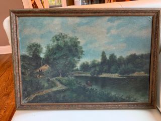 Early 20th Century Oil On Board Landscape Painting Canoe Lake Signed A.  R.  W.  1923
