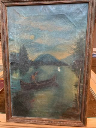 19th Century Oil On Canvas Landscape Painting Indian Native American Canoe Lake