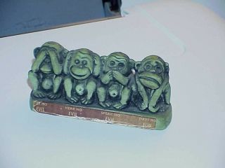 Vintage Cal Themes Inc Usa 1968 Green Chalkware See Hear Speak No Evil Monkeys