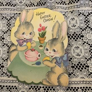 Vintage Greeting Card Easter Cousin Egg Decorating Table Bunny Rabbit