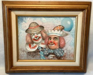 C.  1980s Signed & Framed Acrylic On Board Painting - Two Clowns -