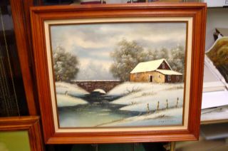 Large Snowy Barn Scene Oil On Canvas Painting Listed Artist Everett Woodson