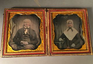 Two 1/6 Plate Daguerreotypes,  Old Couple,  All,  Double Case,  Quakers?