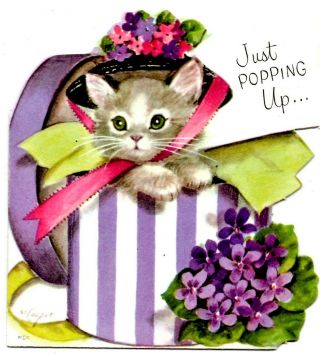 Vintage Rust Craft Kitten In Hat Box M.  Cooper Birthday Card Early 1960 