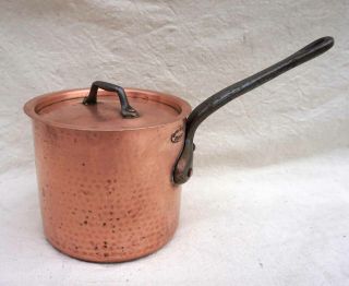 French Chef Cookware Tin Lined Hammered Copper Lidded Sauce Pot Pan Vergnes