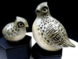 Howard Pierce Signed Art Pottery 2pc Gray Green Mama & Chick Quail 5 " Figurines