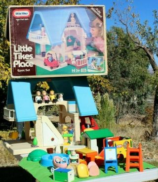 Vintage Little Tikes Dollhouse Blue Roof,  Cars,  People,  Furniture,  Playplace,  & More