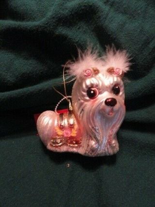 White Maltese With Pink Shawl Glass Christmas Ornament