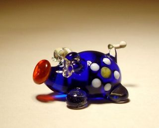 Blown Glass Figurine " Murano " Art Animal Small Blue Pig With A Daisy Flower
